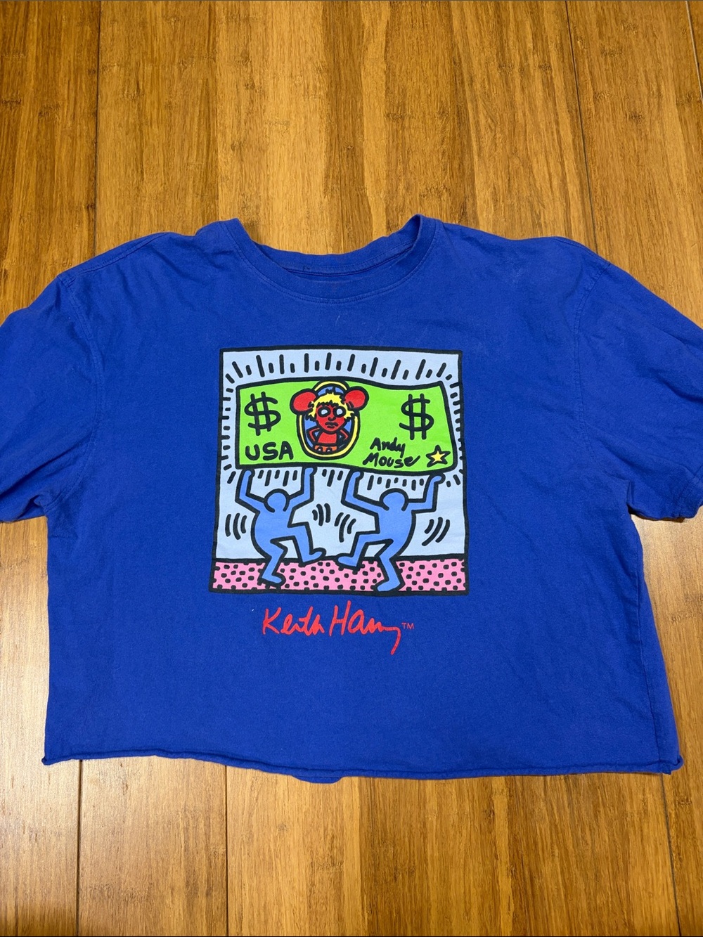 Keith Haring Blue Graphic Money Cotton Tee size XL Cropped